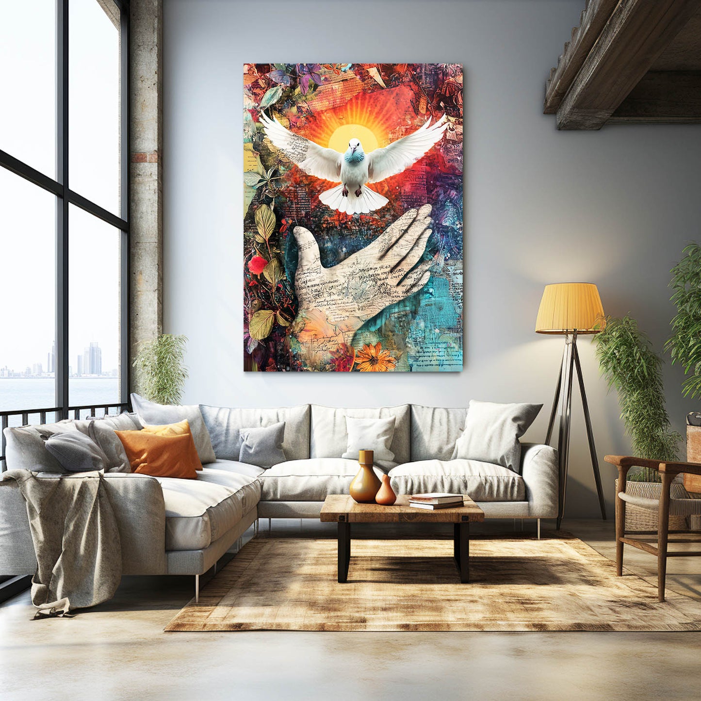Dove Over Open Hand Peace Prints – styled in a furnished interior