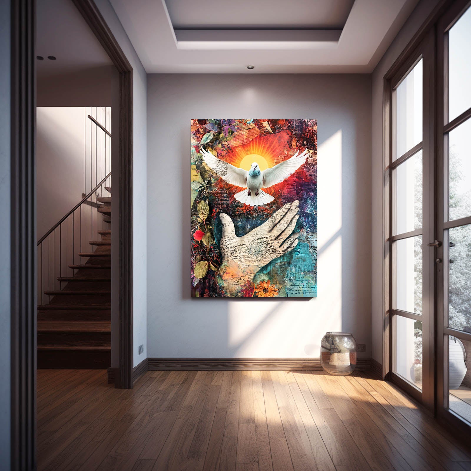 Dove Over Open Hand Peace Prints – styled in a furnished interior