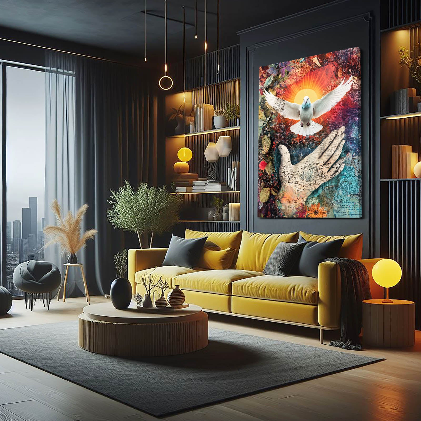 Dove Over Open Hand Peace Prints – styled in a furnished interior