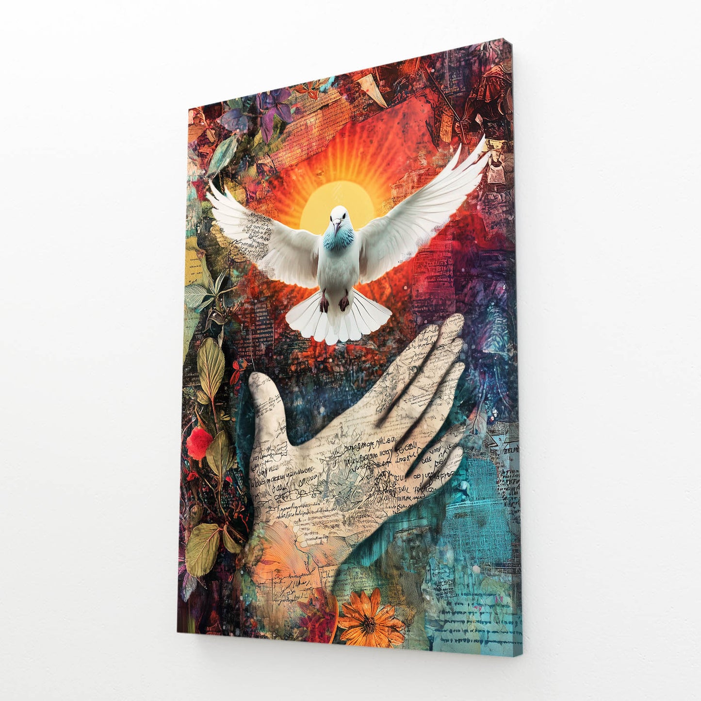 Dove Over Open Hand Peace Prints – angled canvas view on white background