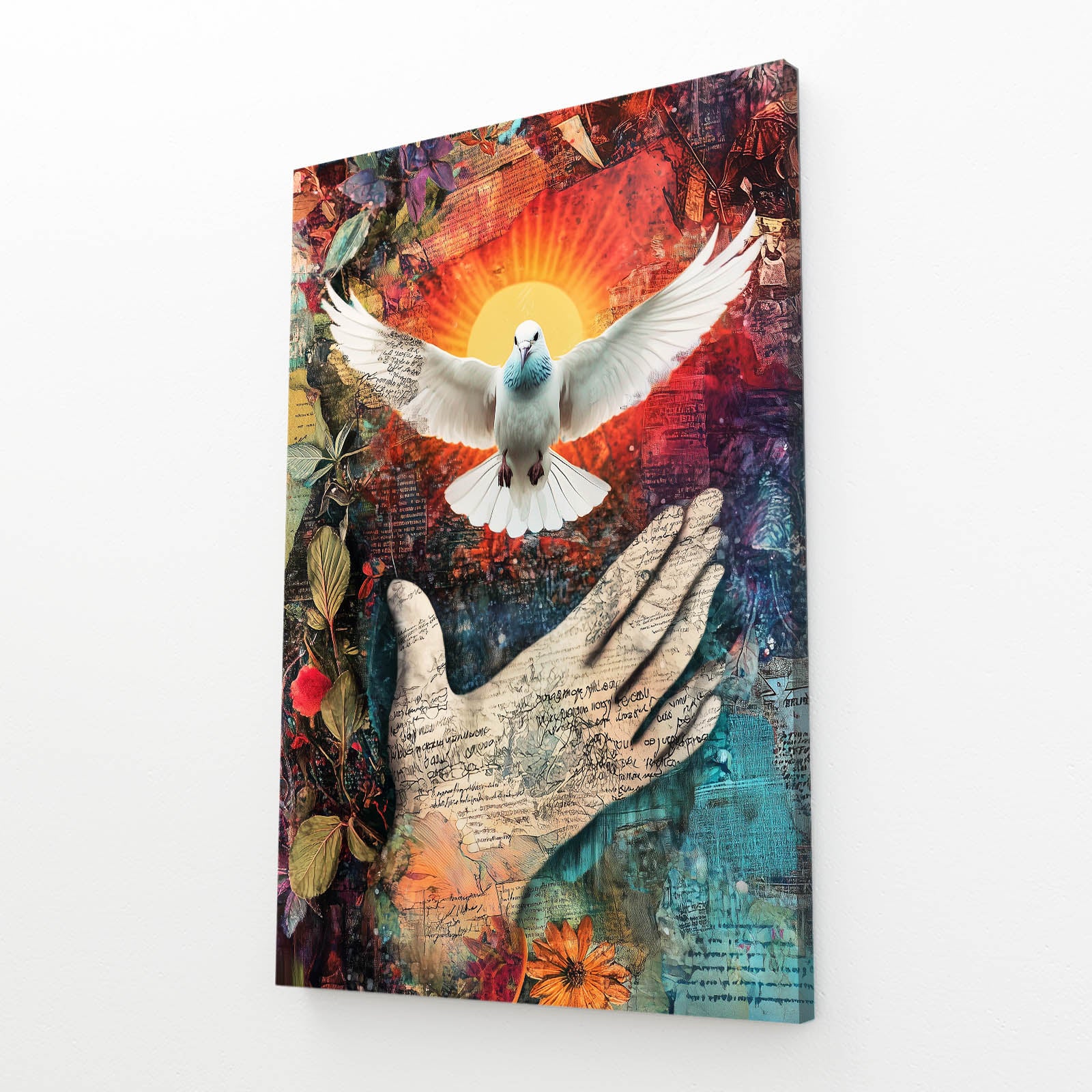 Dove Over Open Hand Peace Prints – angled canvas view on white background