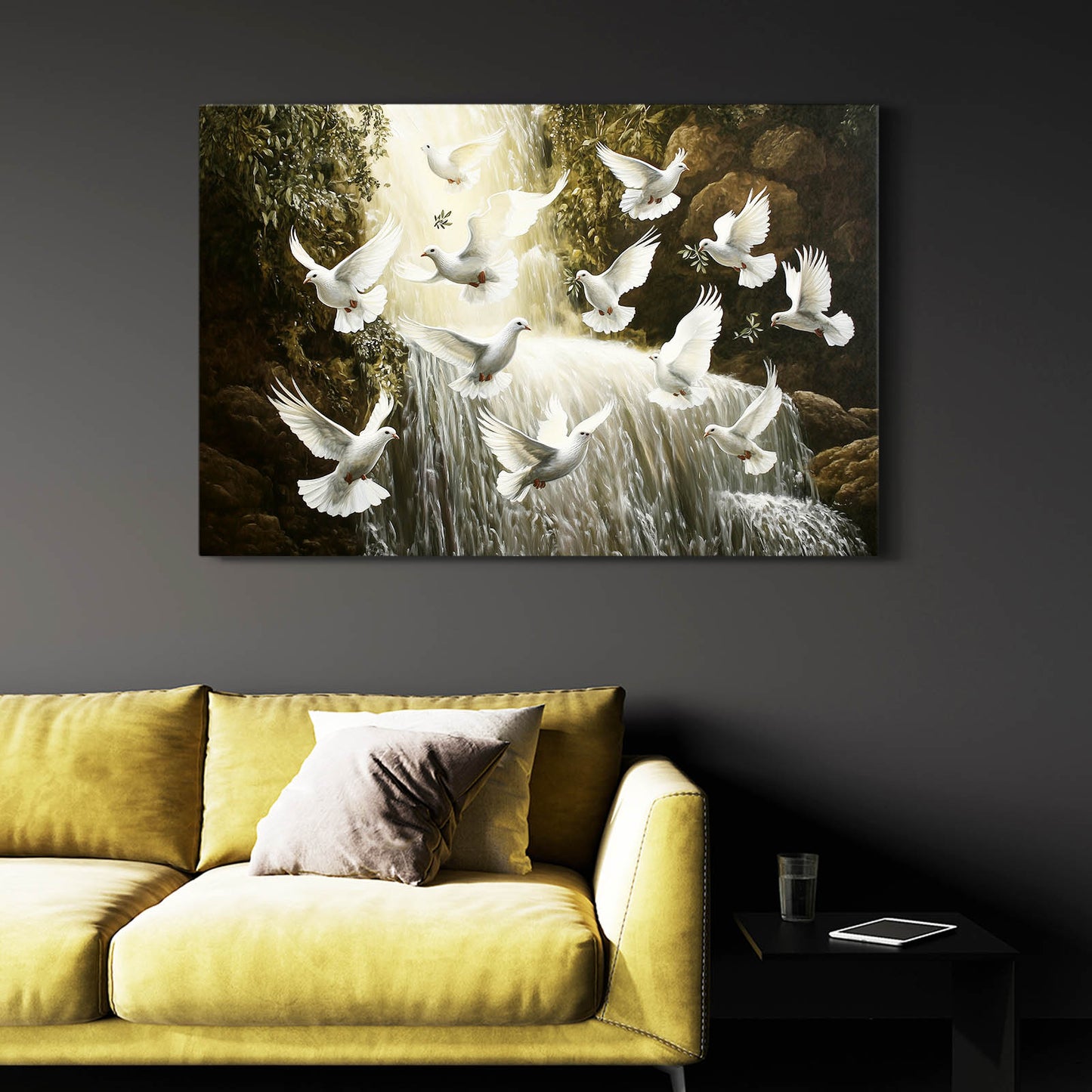 Doves Over Waterfall Peace Wall Art – styled in a furnished interior
