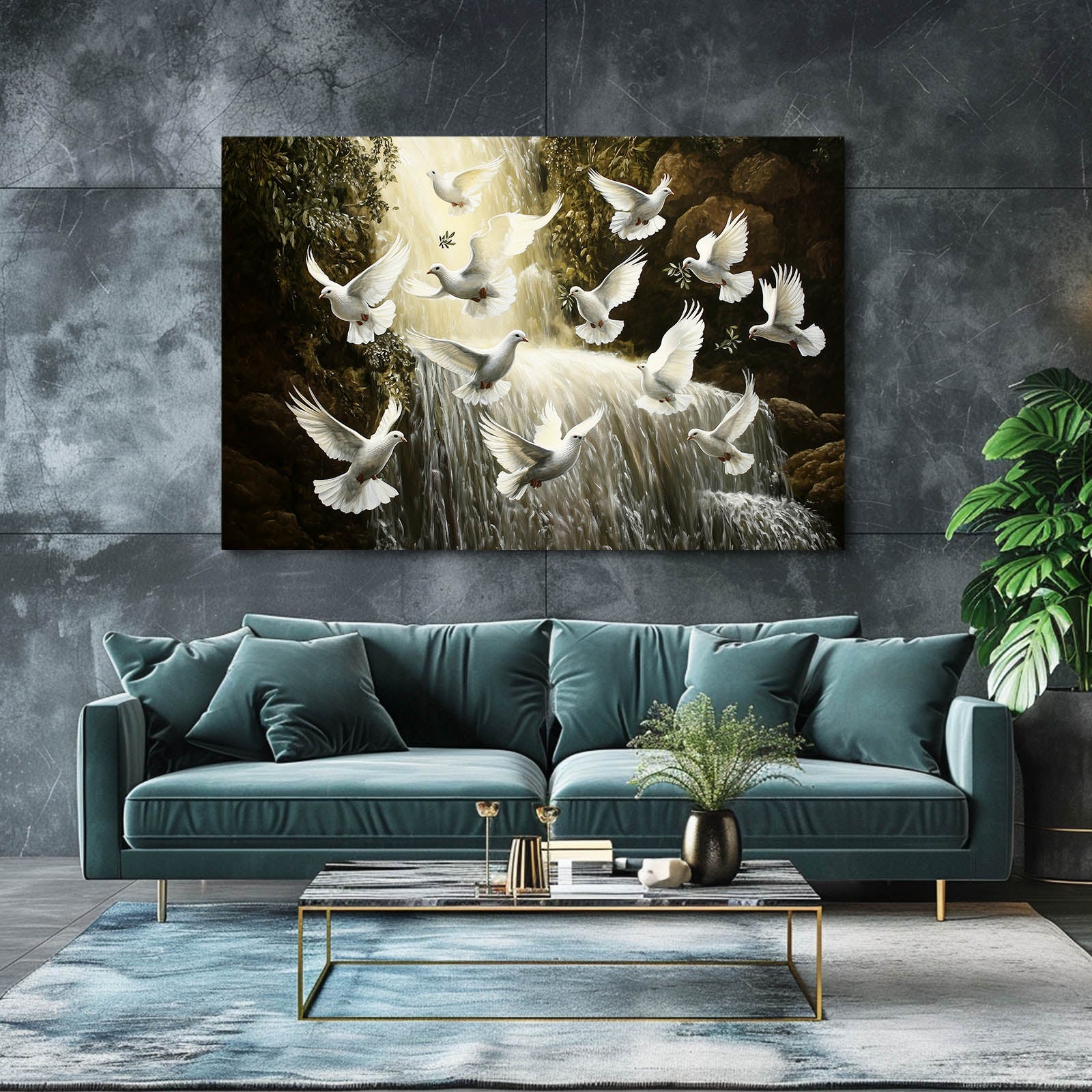 Doves Over Waterfall Peace Wall Art – styled in a furnished interior