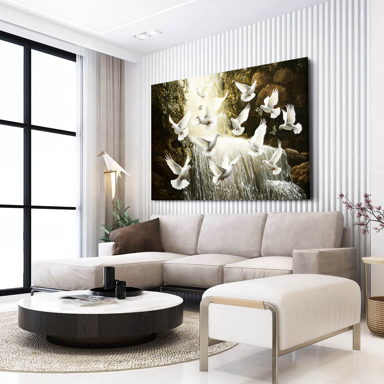 Doves Over Waterfall Peace Wall Art – styled in a furnished interior