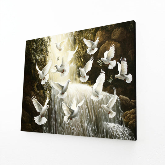 Doves Over Waterfall Peace Wall Art – angled canvas view on white background