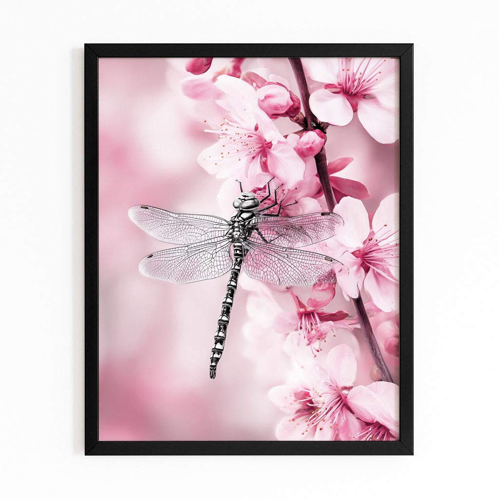 Dragonfly On Petals Cherry Blossom Wall Decor – with Premium Black frame on white background