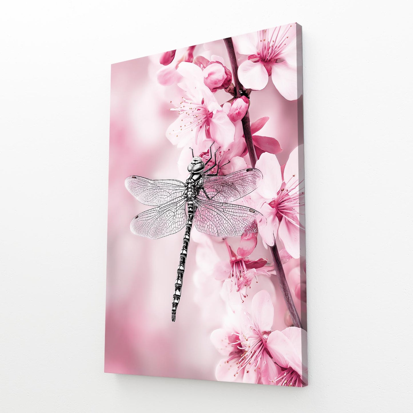 Dragonfly On Petals Cherry Blossom Wall Decor – angled canvas view on white background