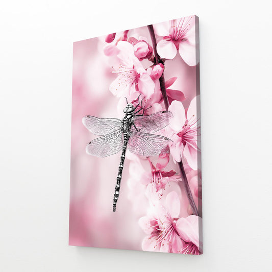 Dragonfly On Petals Cherry Blossom Wall Decor – angled canvas view on white background