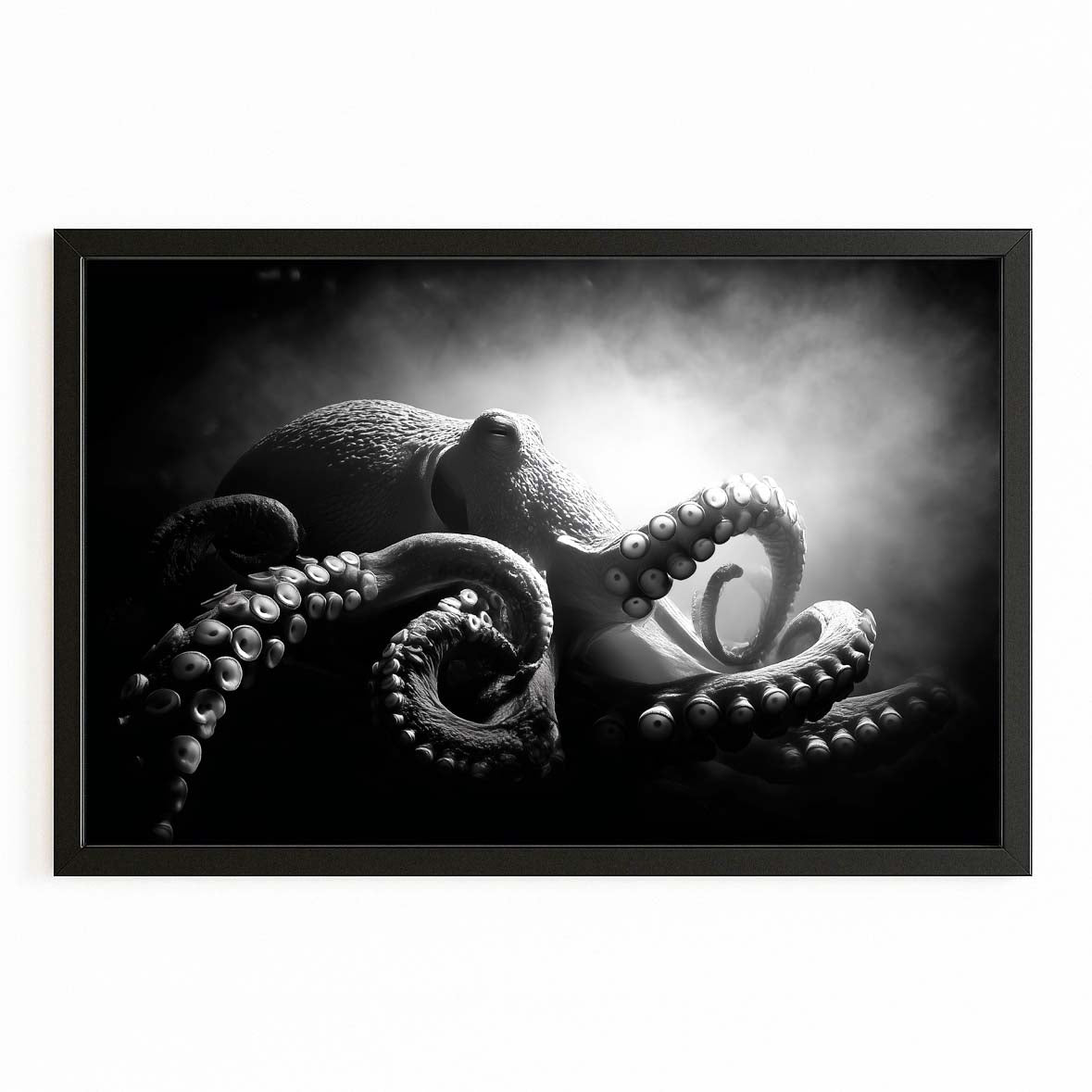 Dramatic Black Light Octopus Canvas Art – with Premium Black frame on white background