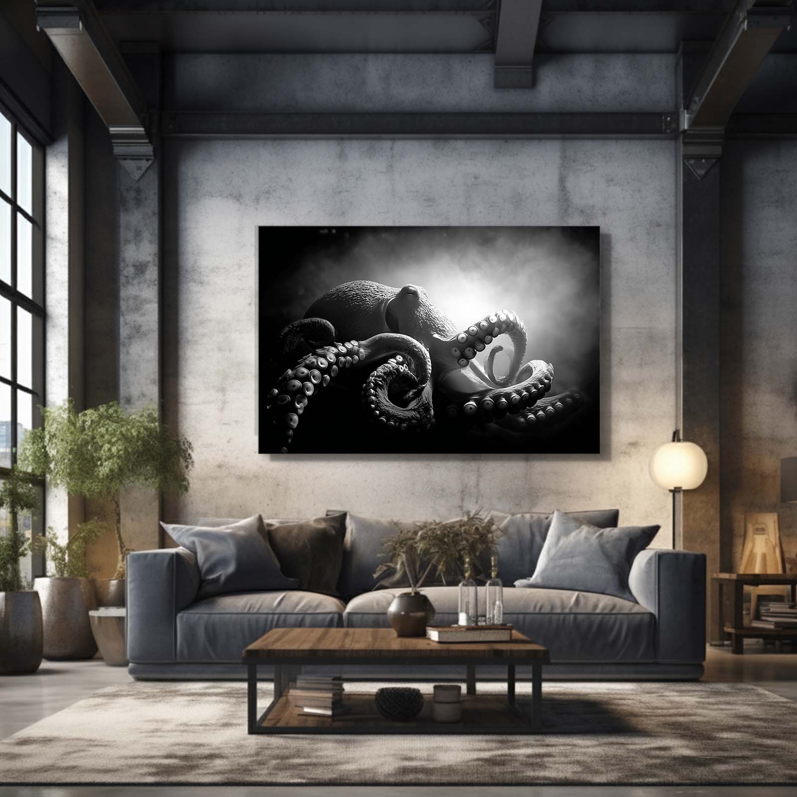 Dramatic Black Light Octopus Canvas Art – styled in a furnished interior