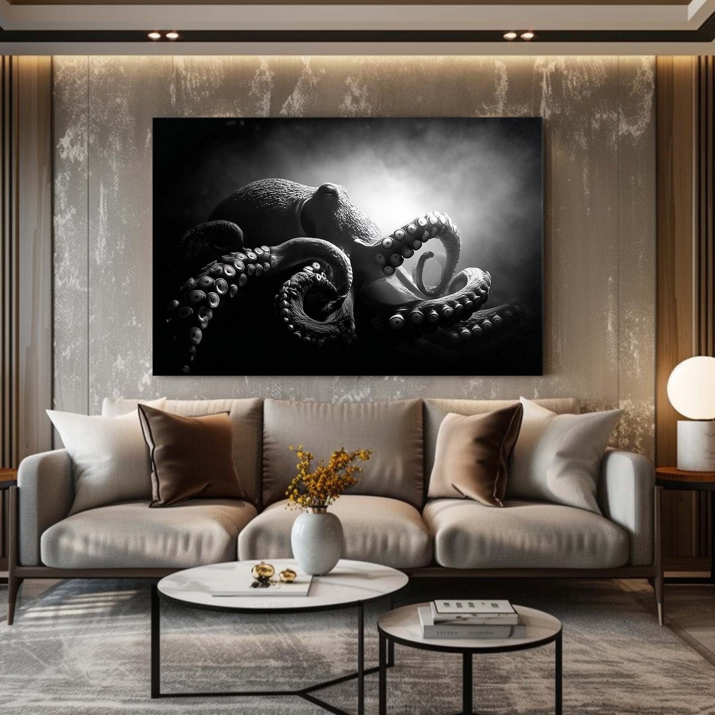 Dramatic Black Light Octopus Canvas Art – styled in a furnished interior