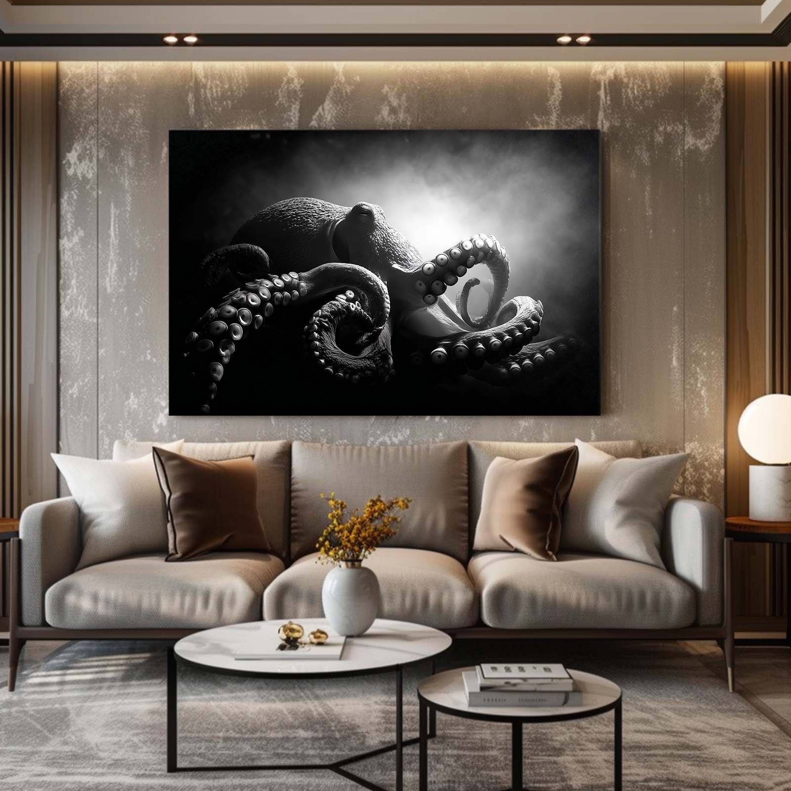 Dramatic Black Light Octopus Canvas Art – styled in a furnished interior