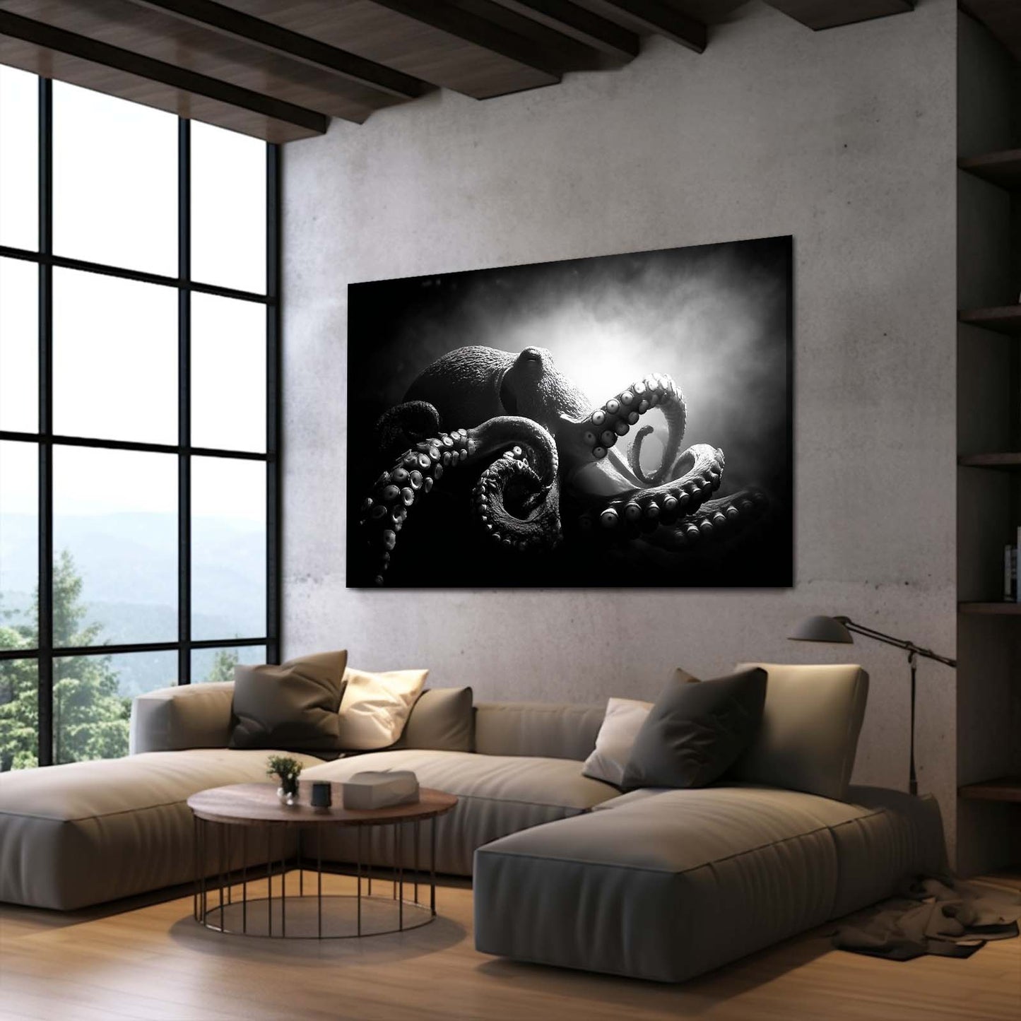 Dramatic Black Light Octopus Canvas Art – styled in a furnished interior