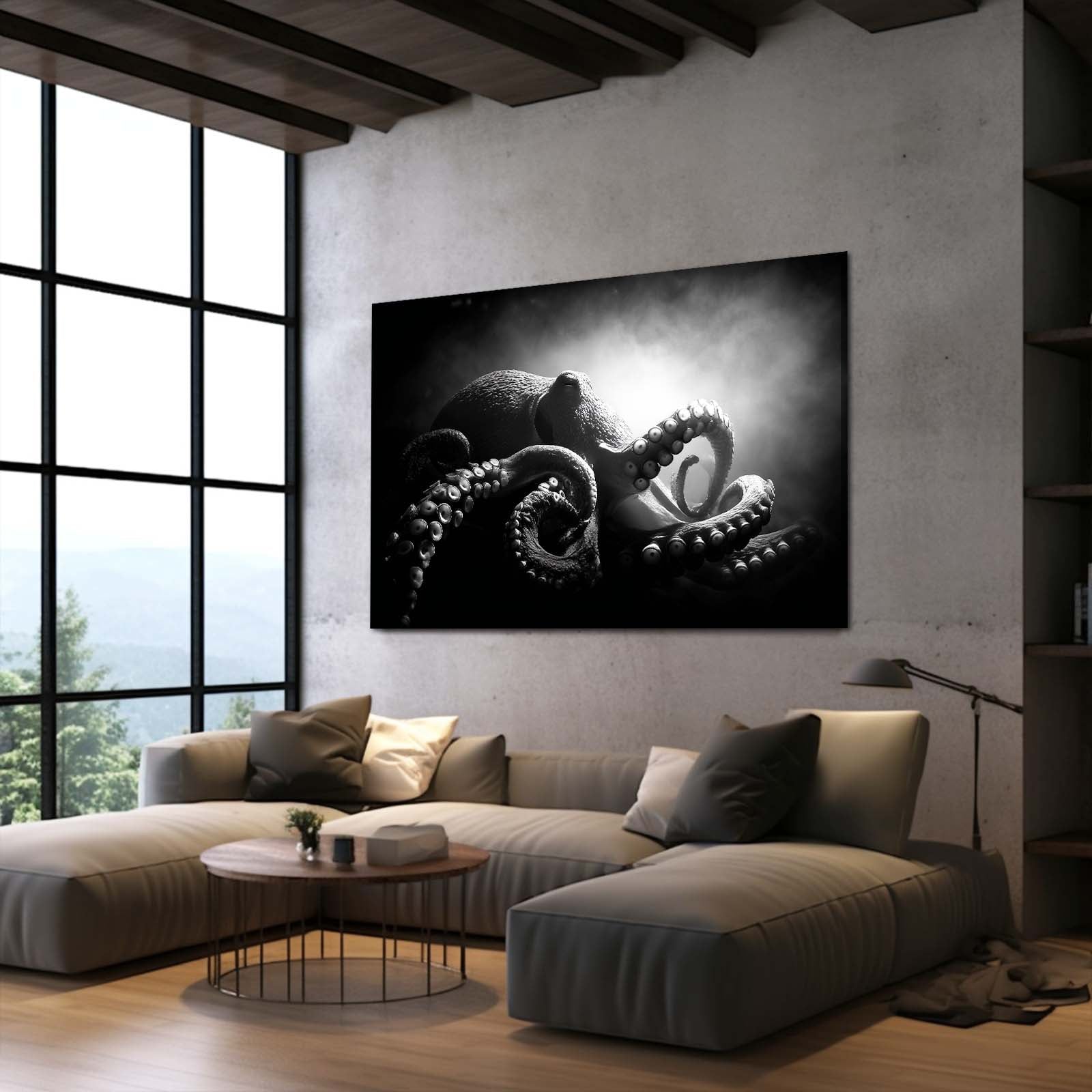 Dramatic Black Light Octopus Canvas Art – styled in a furnished interior