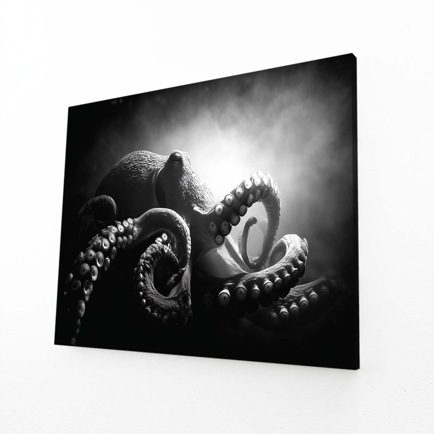 Dramatic Black Light Octopus Canvas Art – angled canvas view on white background