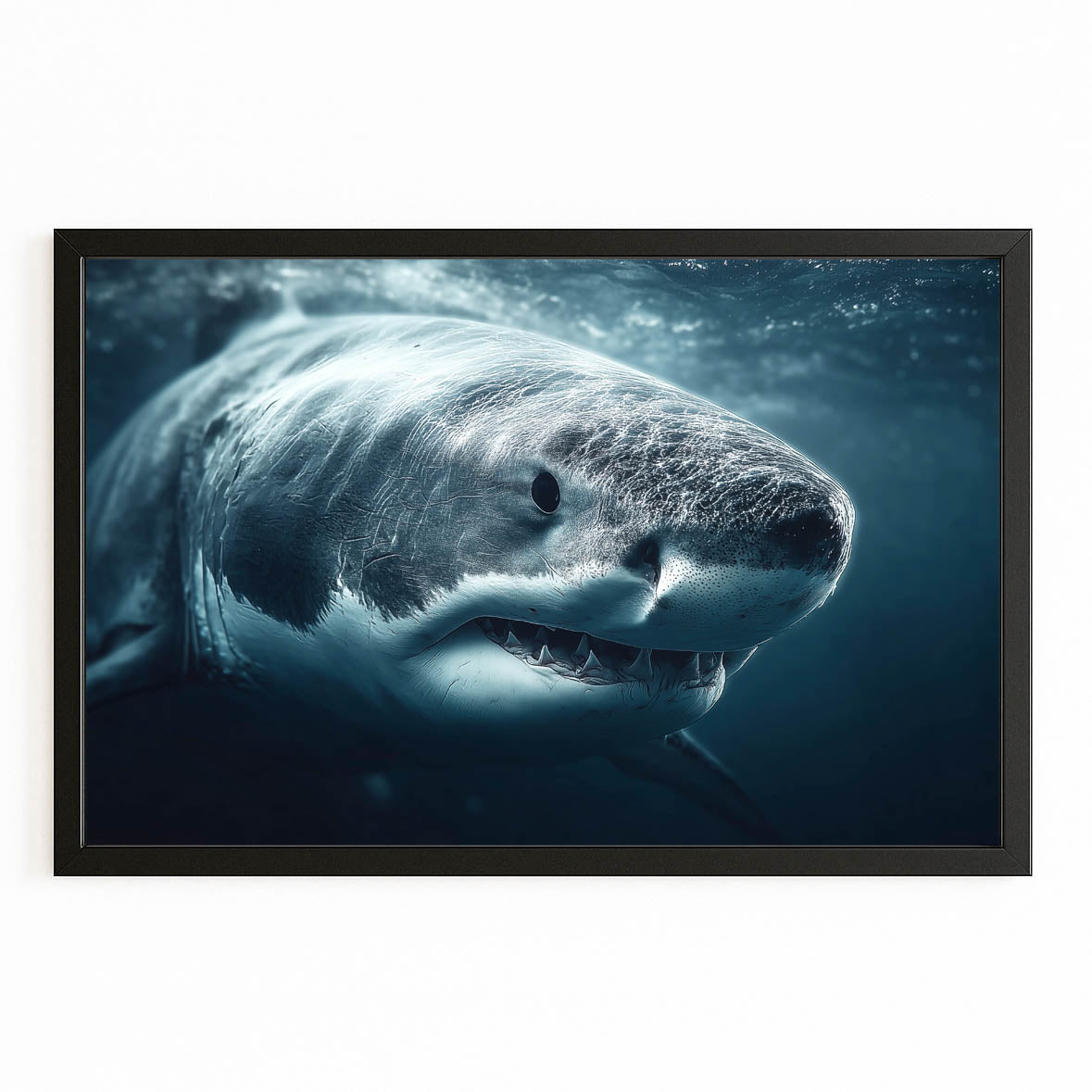 Dramatic Deep Shark Wall Decor – with Premium Black frame on white background