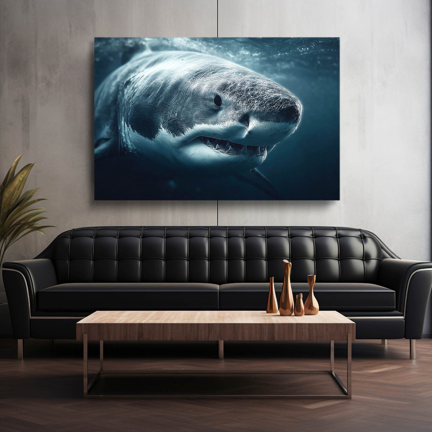 Dramatic Deep Shark Wall Decor – styled in a furnished interior