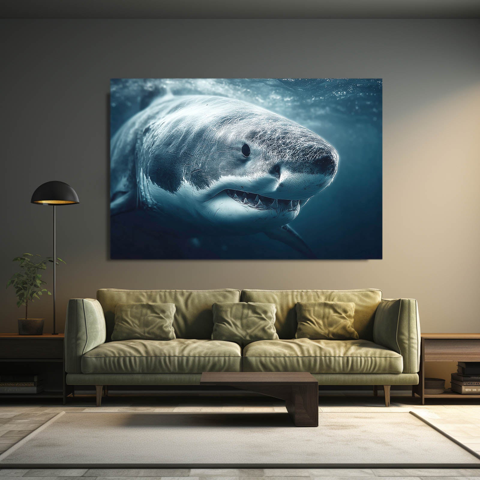 Dramatic Deep Shark Wall Decor – styled in a furnished interior