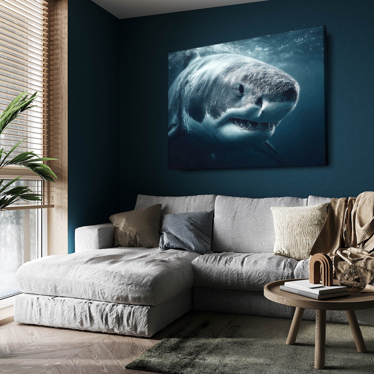 Dramatic Deep Shark Wall Decor – styled in a furnished interior