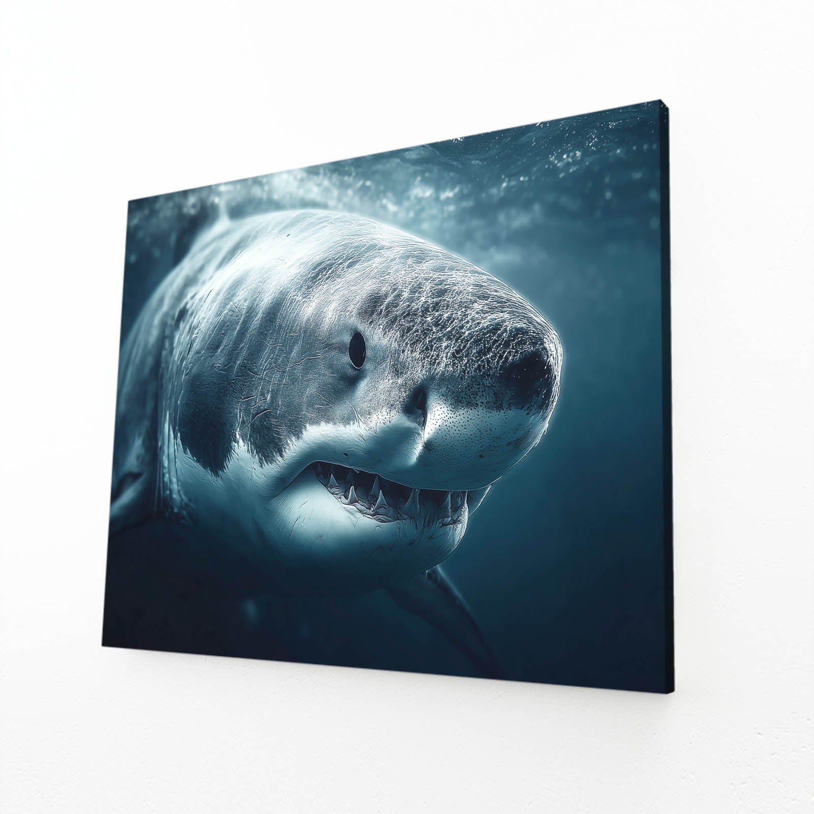 Dramatic Deep Shark Wall Decor – angled canvas view on white background