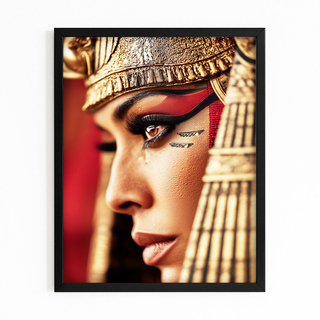 Dramatic Red Headdress Portrait Egyptian Canvas Art – with Premium Black frame on white background