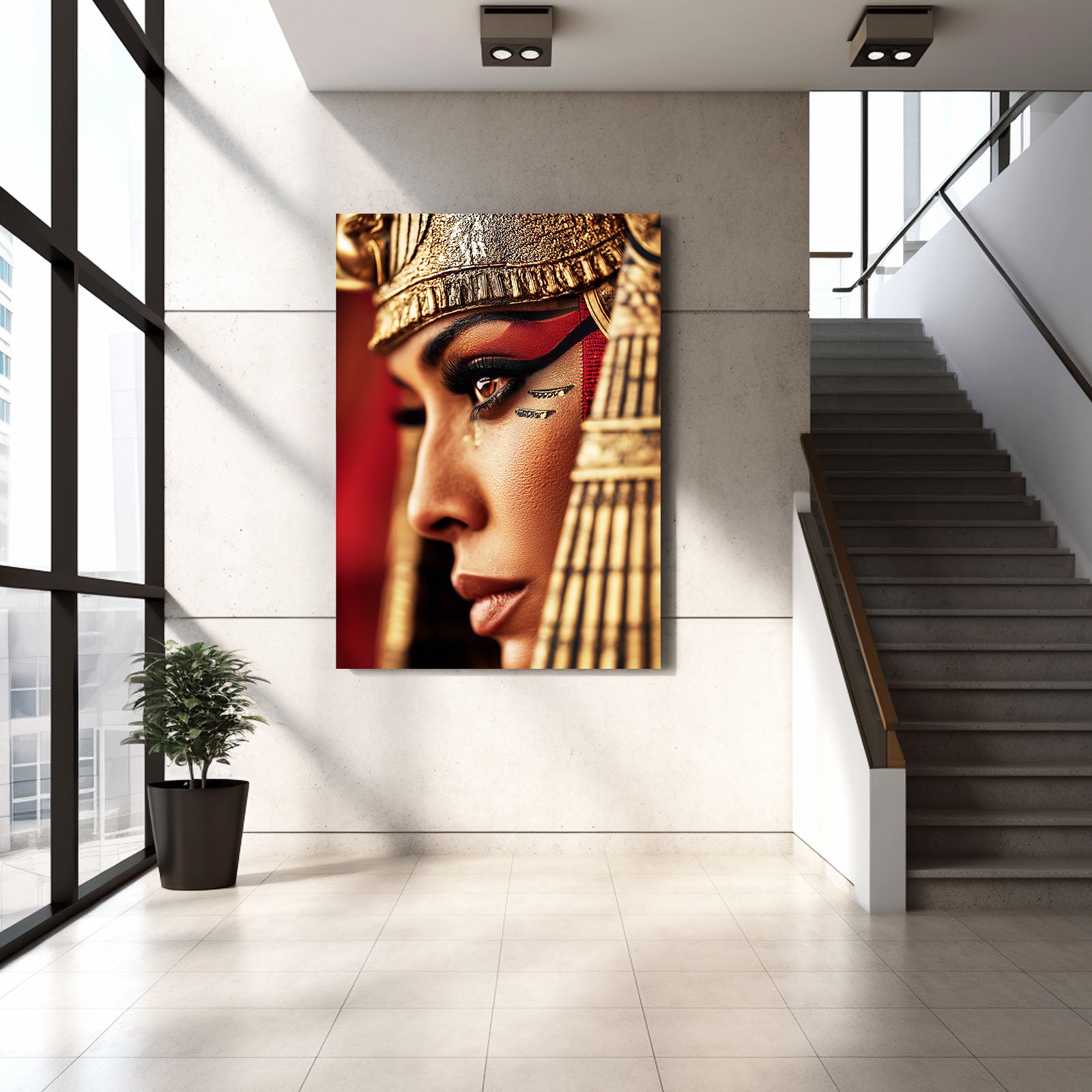 Dramatic Red Headdress Portrait Egyptian Canvas Art – styled in a furnished interior