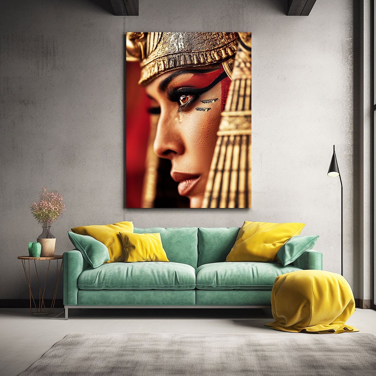 Dramatic Red Headdress Portrait Egyptian Canvas Art – styled in a furnished interior