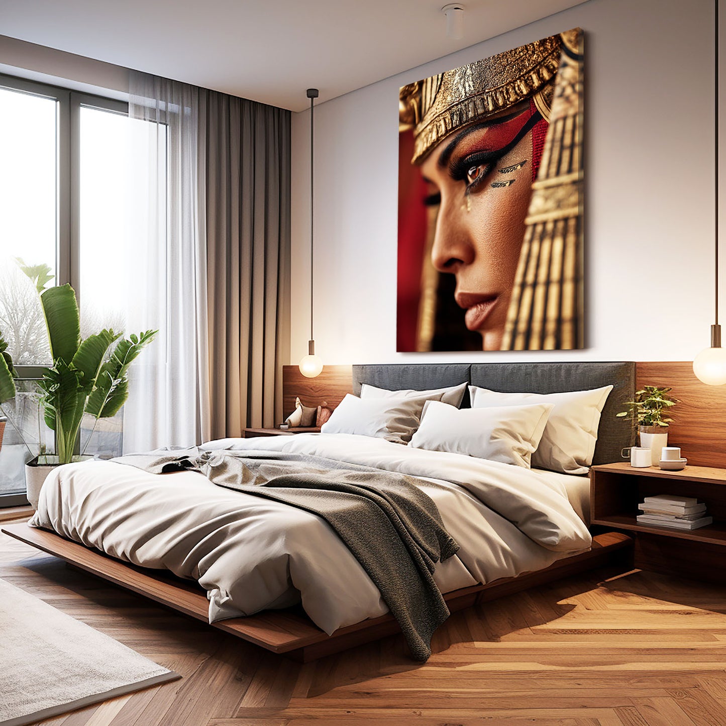 Dramatic Red Headdress Portrait Egyptian Canvas Art – styled in a furnished interior