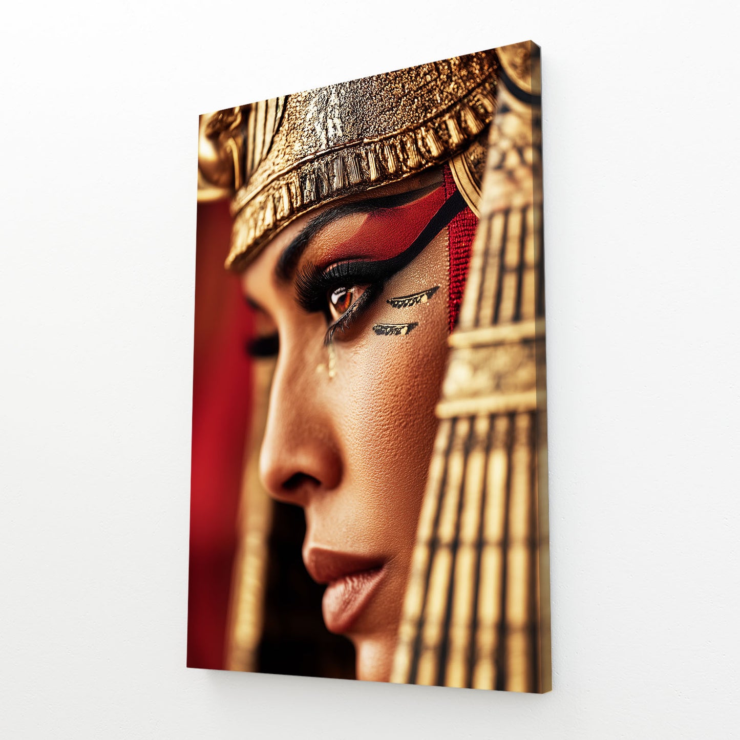 Dramatic Red Headdress Portrait Egyptian Canvas Art – angled canvas view on white background