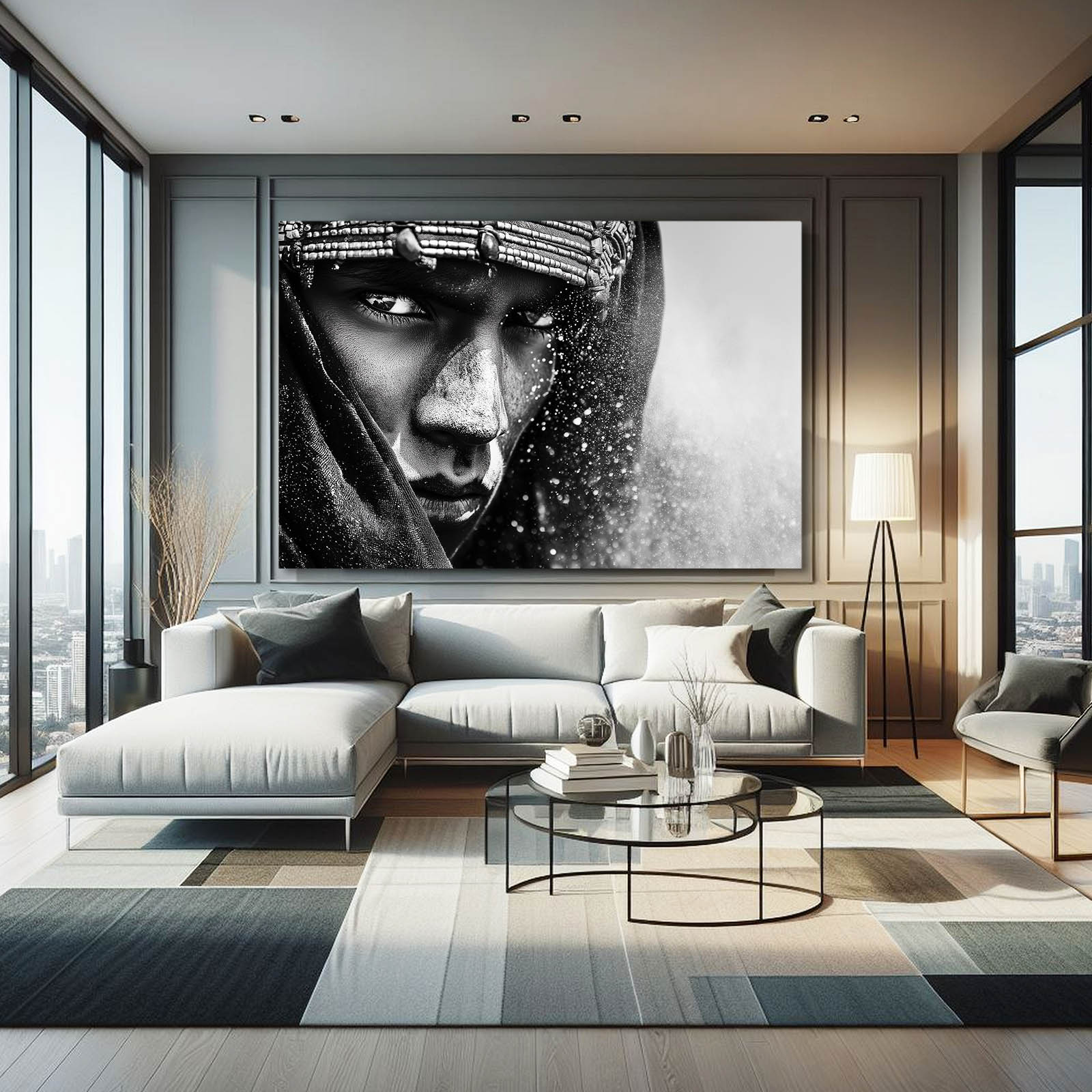 Dramatic Tribal Portrait Photography Canvas Art – styled in a furnished interior