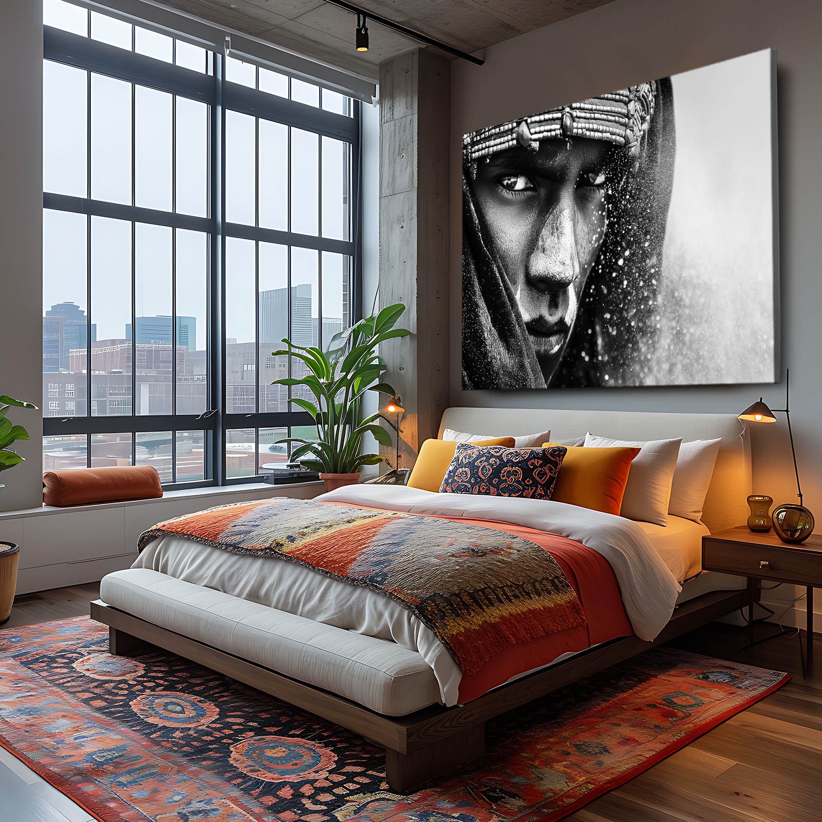 Dramatic Tribal Portrait Photography Canvas Art – styled in a furnished interior