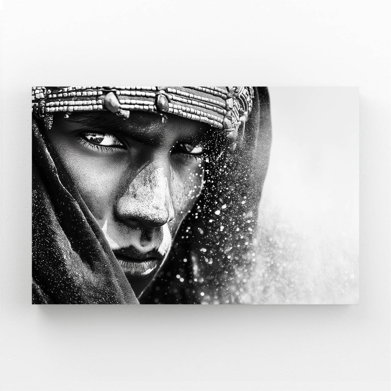 Dramatic Tribal Portrait Photography Canvas Art – angled canvas view on white background