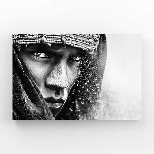 Dramatic Tribal Portrait Photography Canvas Art – angled canvas view on white background