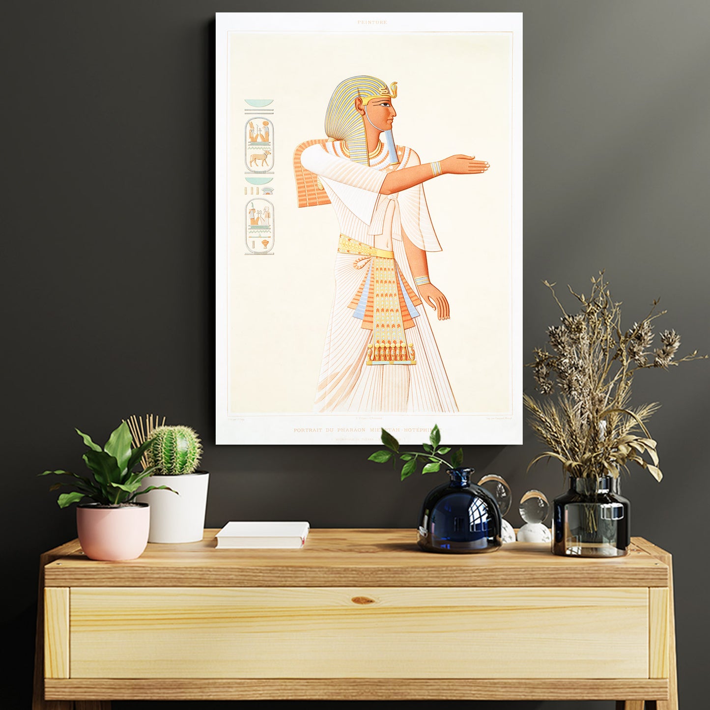 Draped Figure Illustration Egyptian Wall Decor – styled in a furnished interior