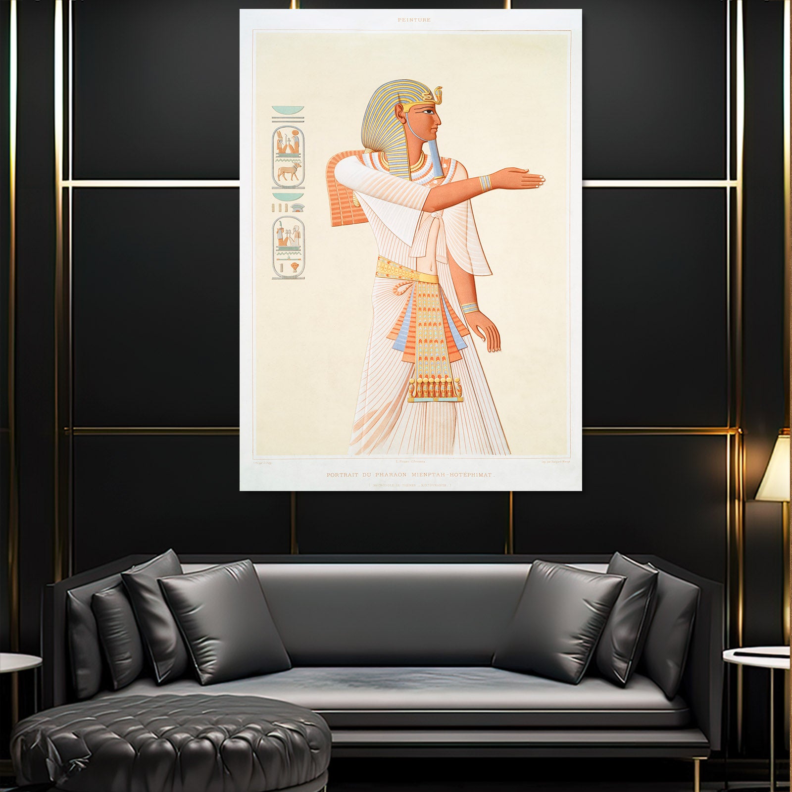Draped Figure Illustration Egyptian Wall Decor – styled in a furnished interior