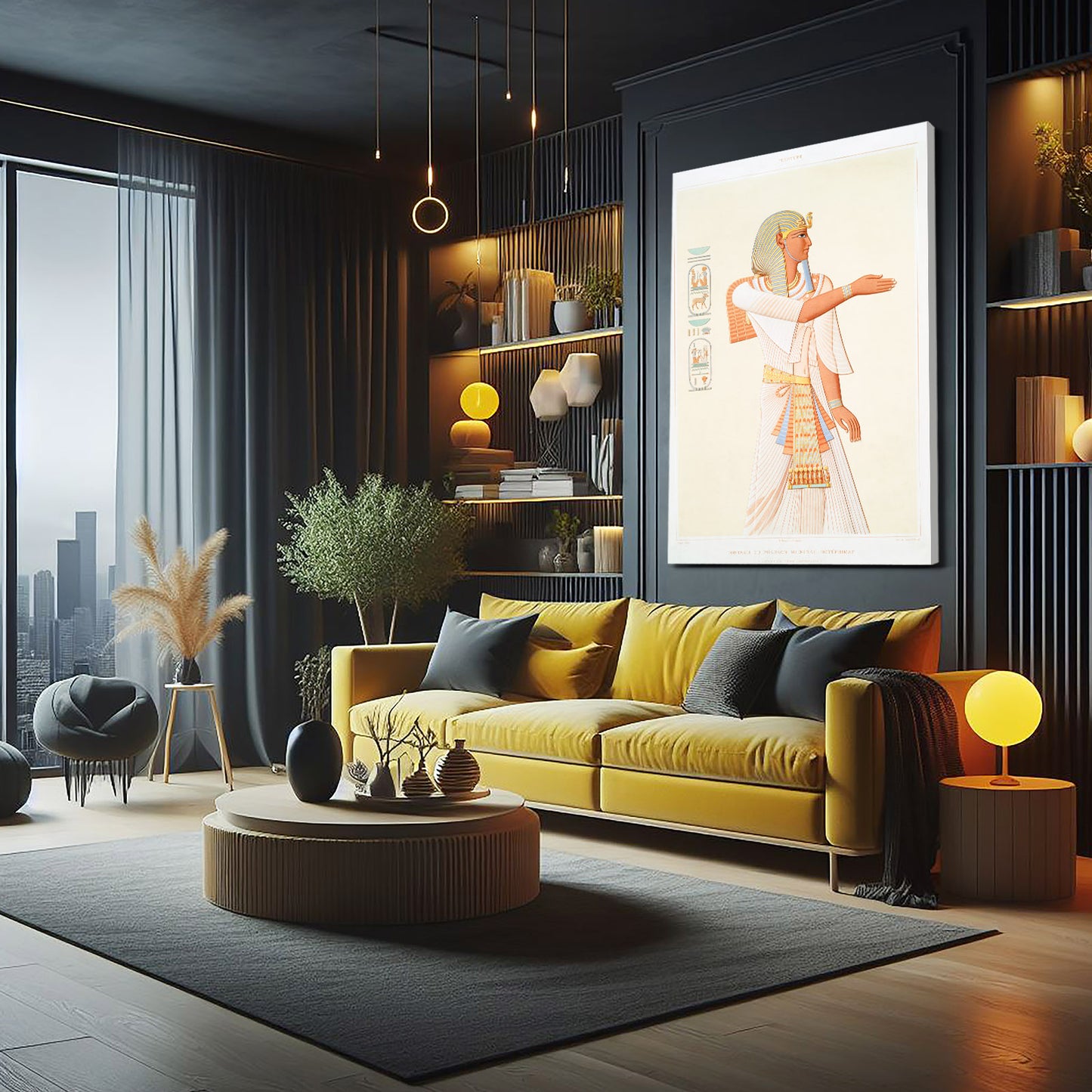 Draped Figure Illustration Egyptian Wall Decor – styled in a furnished interior