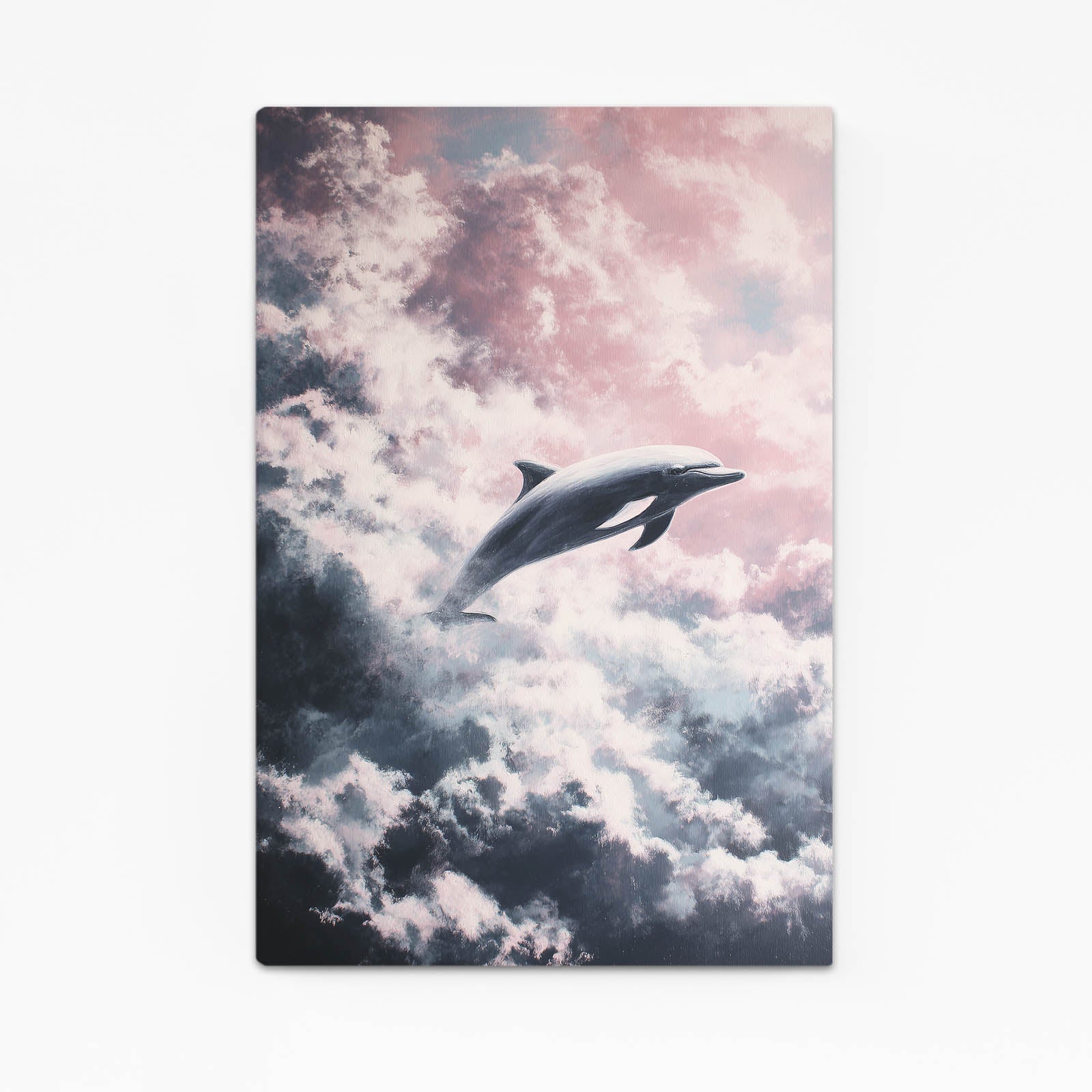 Dream Cloud Dolphin Canvas – dolphin leaping through soft pink and grey clouds