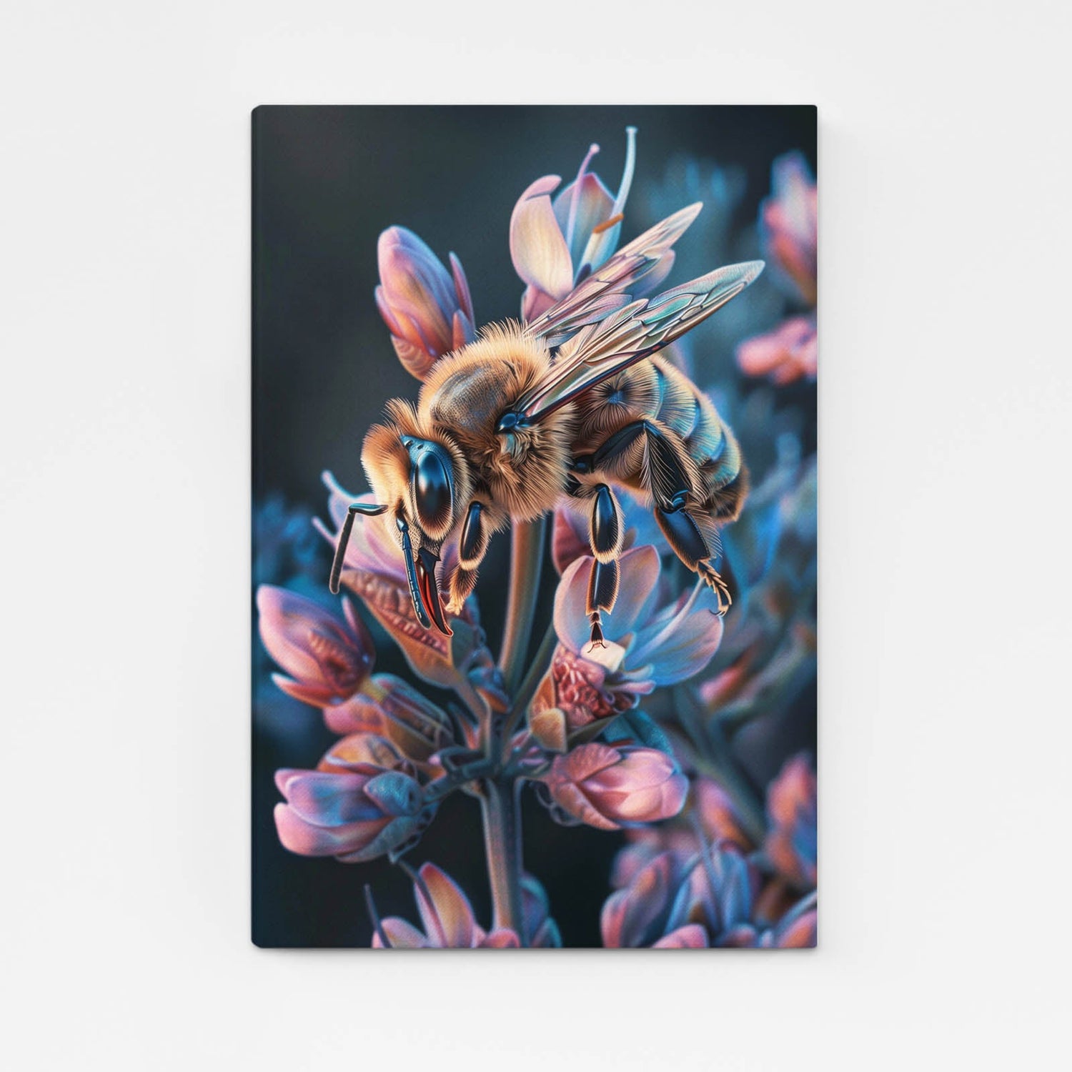 Dreamy Bee Art — botanical canvas print in blue tones