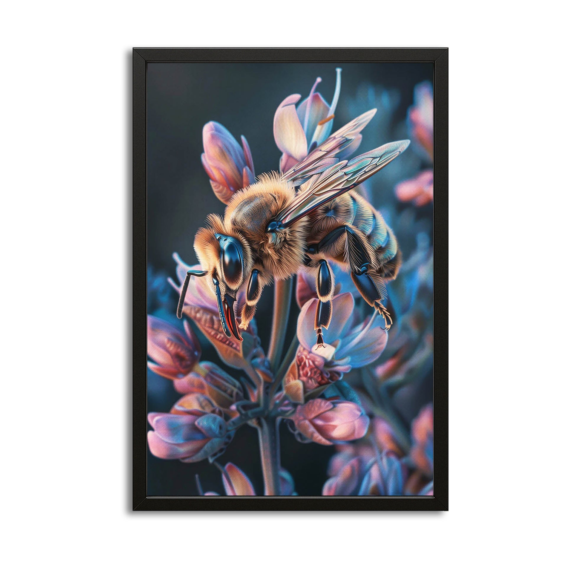 Dreamy Bee Art — botanical canvas print in blue tones, with Premium Black frame on white background