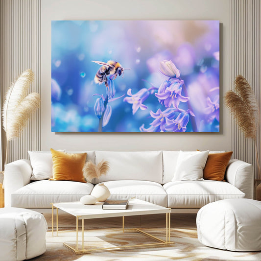 Dreamy Floral Bee Art — botanical canvas print in blue tones, view 3