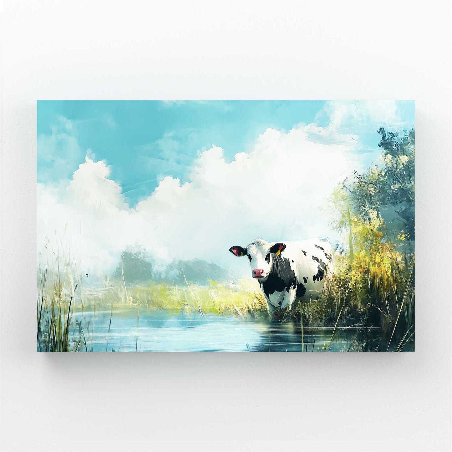 Drinking Cow Wall Art – angled canvas view on white background