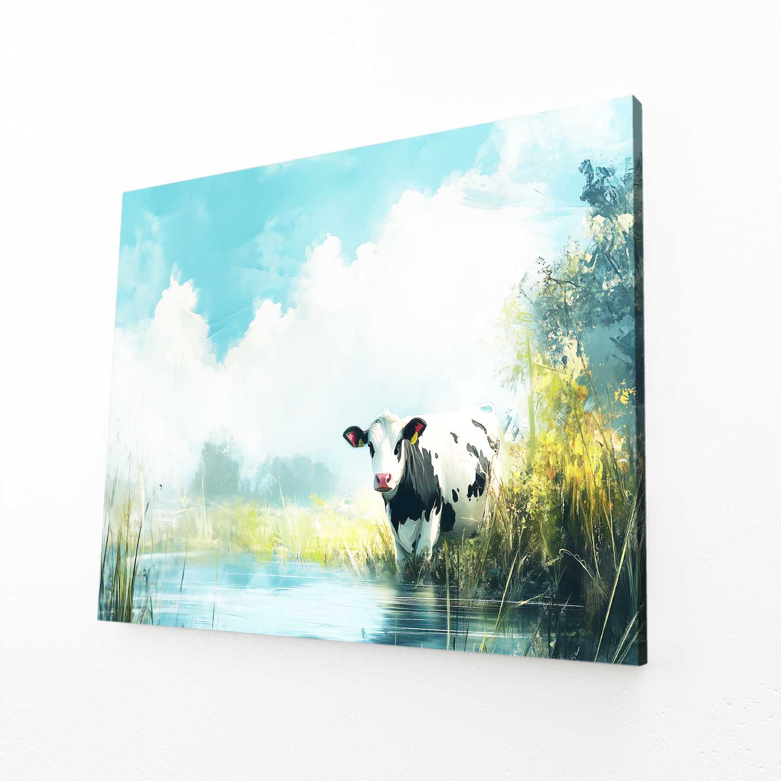 Drinking Cow Wall Art – angled canvas view on white background
