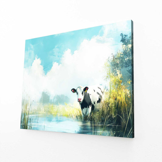 Drinking Cow Wall Art – angled canvas view on white background
