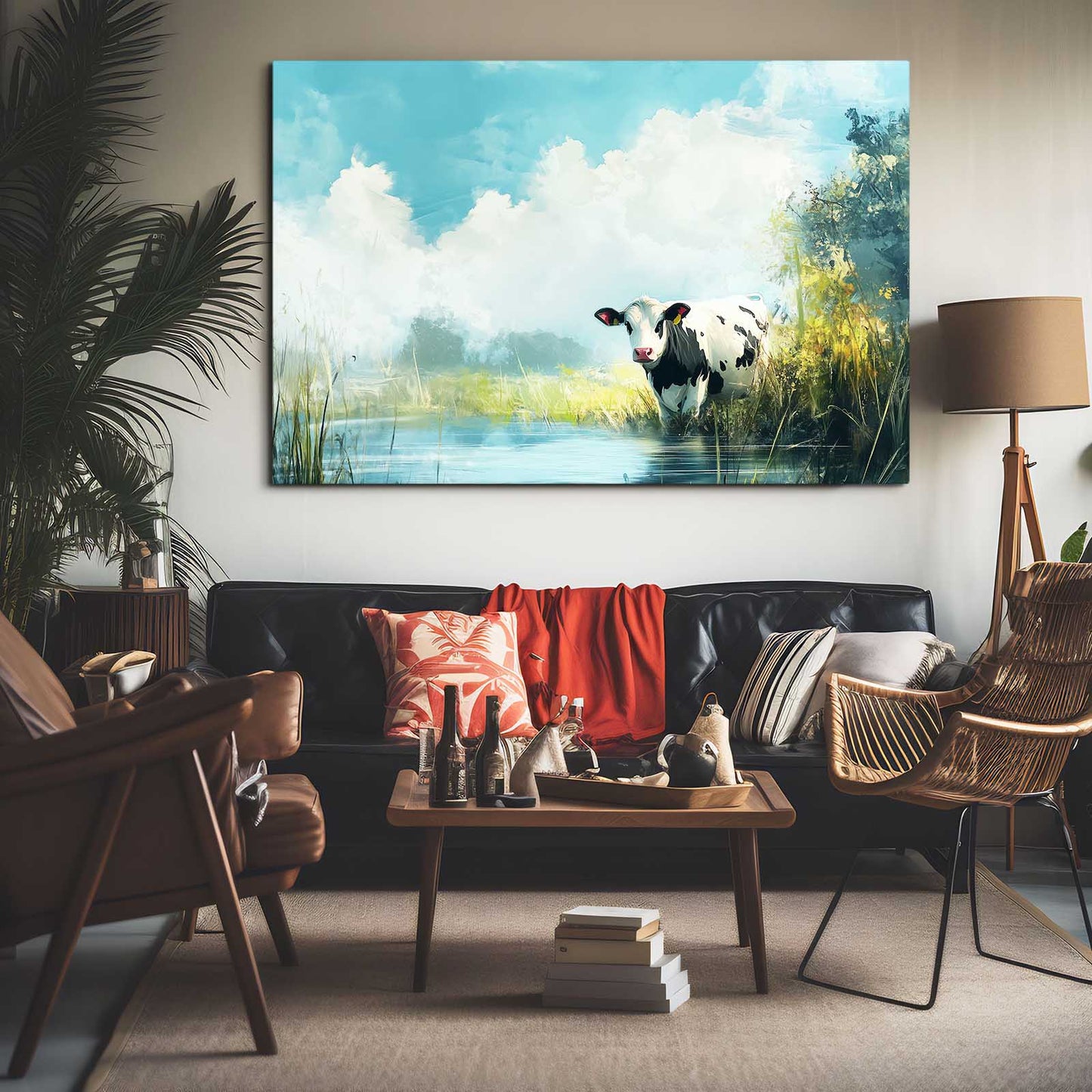 Drinking Cow Wall Art – angled canvas view on white background