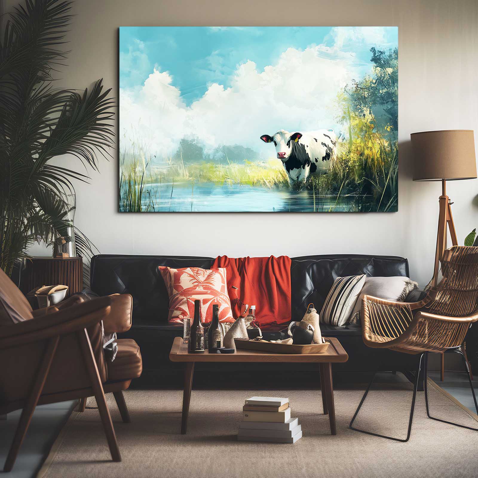 Drinking Cow Wall Art – angled canvas view on white background