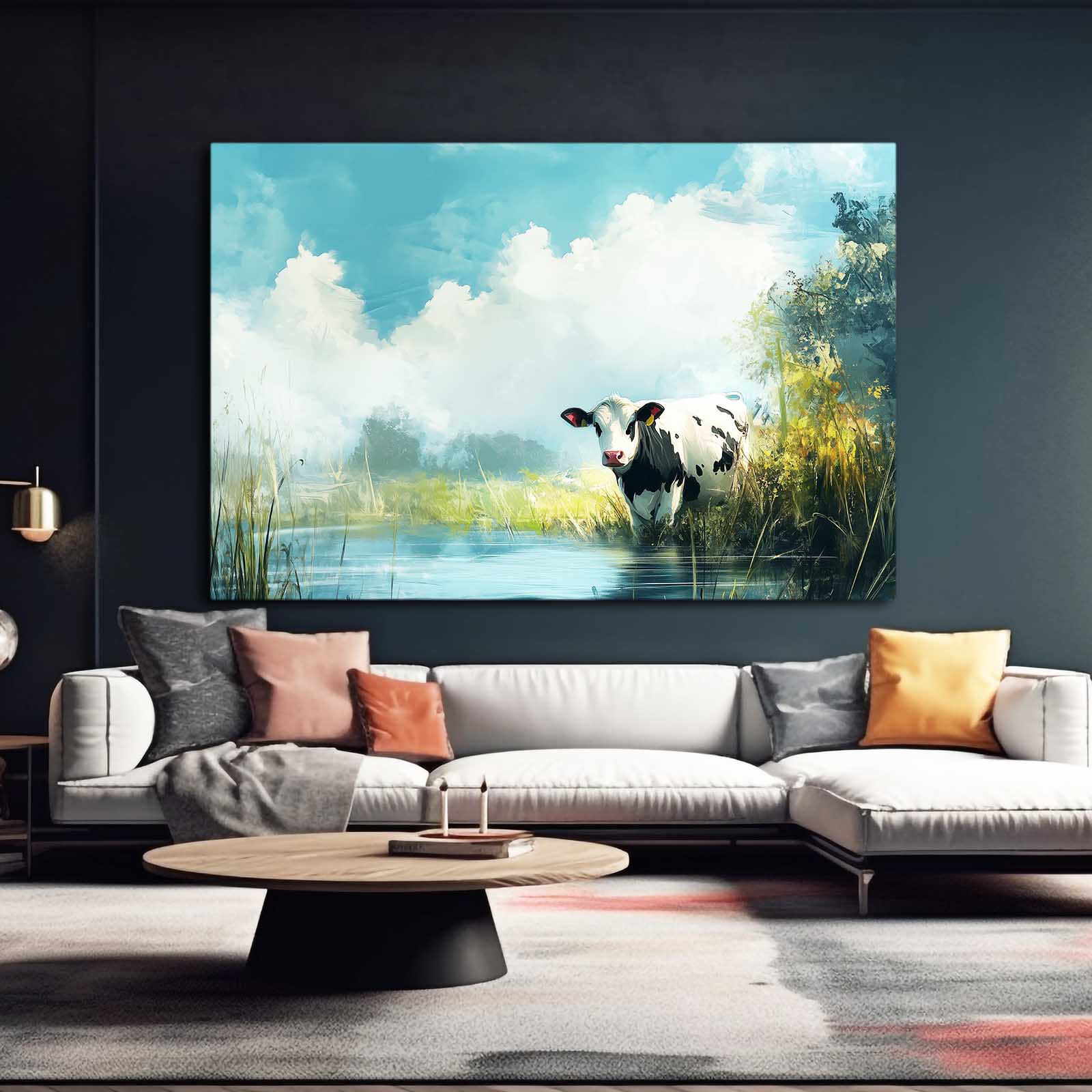 Drinking Cow Wall Art – angled canvas view on white background