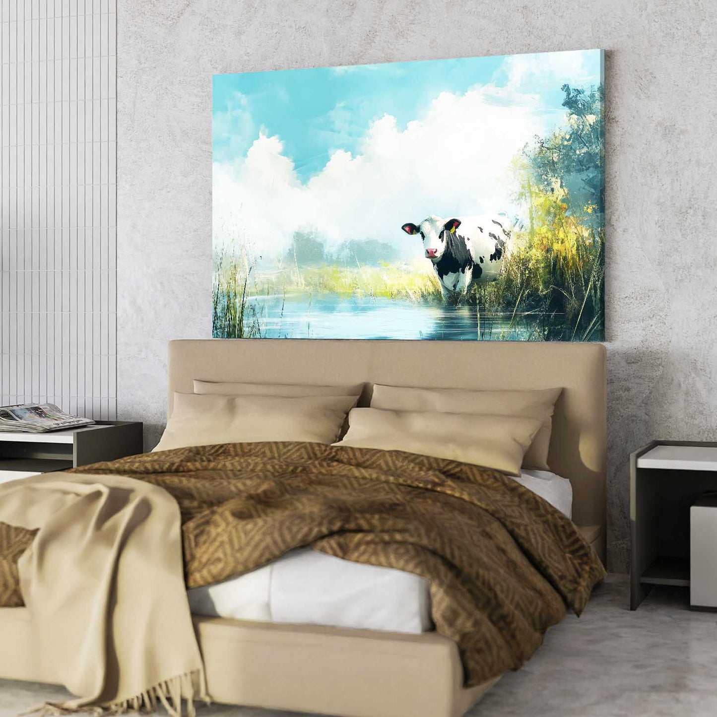 Drinking Cow Wall Art – angled canvas view on white background