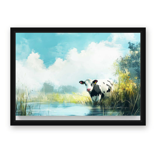 Drinking Cow Wall Art – with Premium Black wood frame