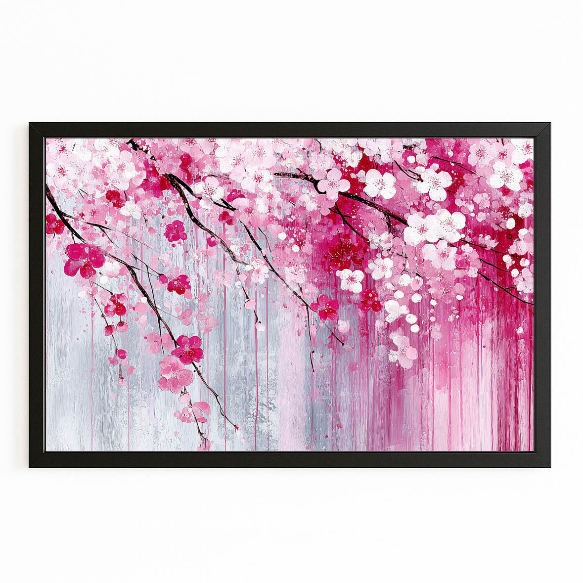Dripping Pink Petals Cherry Blossom Canvas – with Premium Black frame on white background