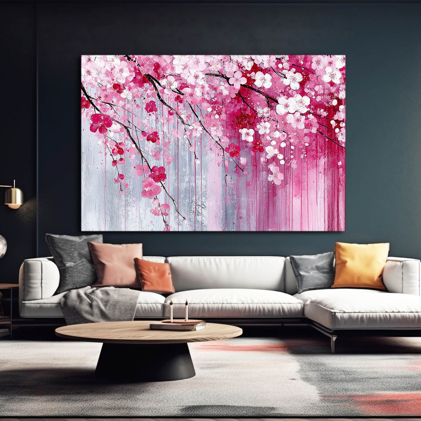 Dripping Pink Petals Cherry Blossom Canvas – styled in a furnished interior